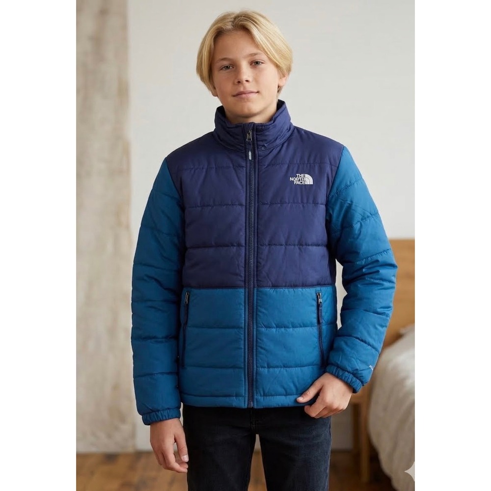 The North Face Boys Reversible Perrito Jacket Navy Blue Brown Sherpa L 14/16